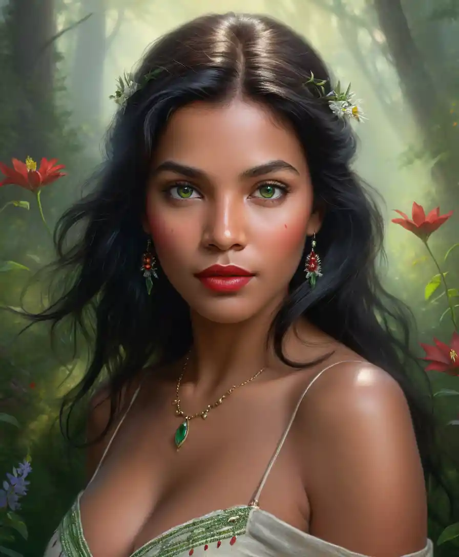 Retrato hiperrealista de una mujer indígena con ojos verdes
