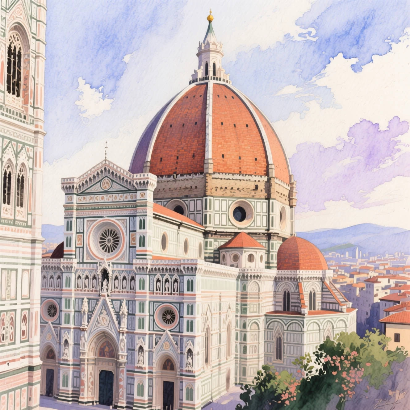 Veduta ad acquerello del Duomo di Firenze in una luce soffice e serena