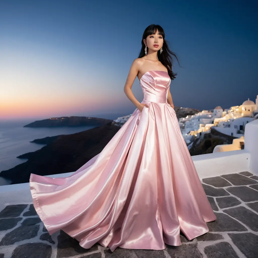 Garota elegante com vestido de cetim rosa à noite em Santorini