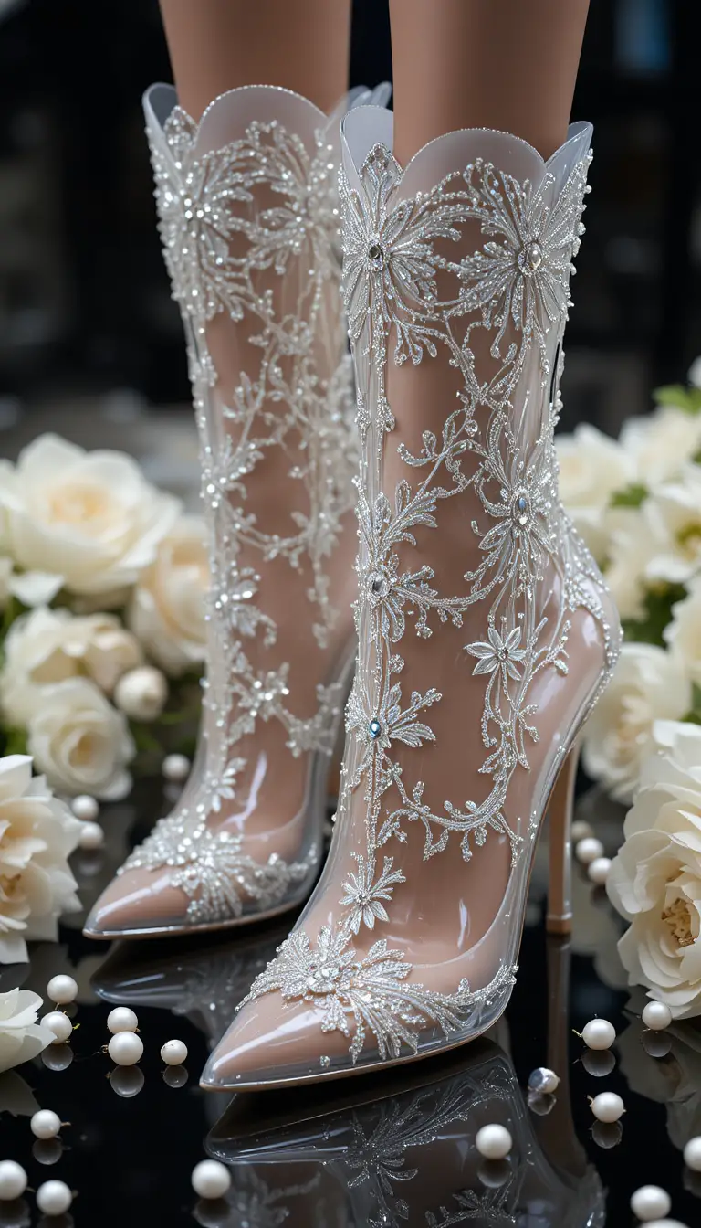 Kristallverzierte transparente High-Heel-Stiefel auf schwarzer Oberfläche