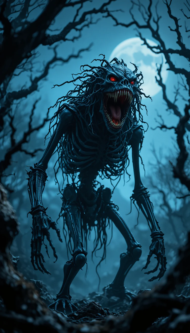 Skeletal monster under moonlit forest sky with glowing eyes