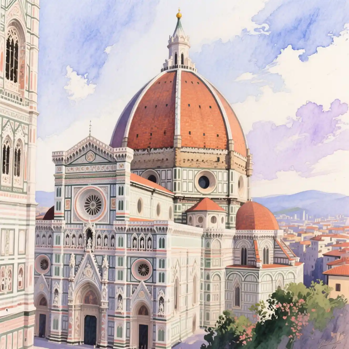 Watercolor view of the Florence cathedral under soft serene light