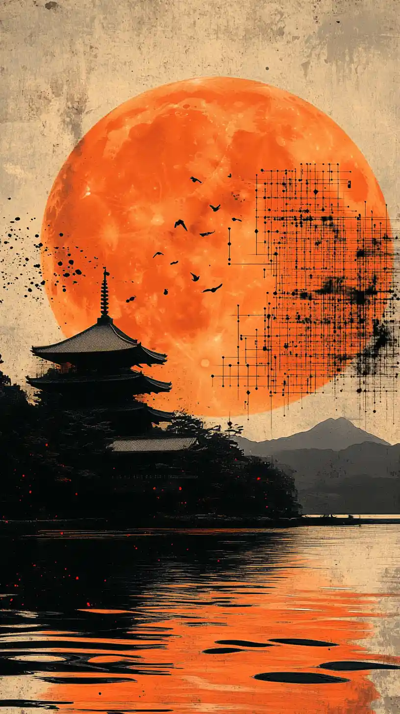 Aldeia japonesa de pagodes à beira de um lago tranquilo e lua gigante