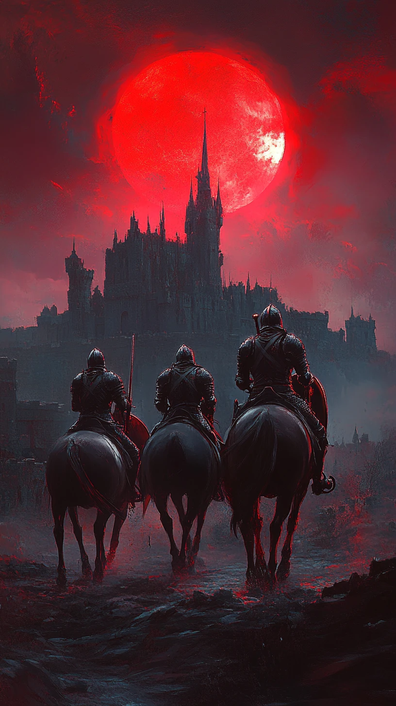 Cavaleiros blindados cavalgam rumo a um castelo distante ao pôr do sol