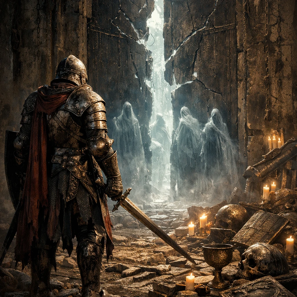 Armored knight guarding a colossal cracked gate to another realm