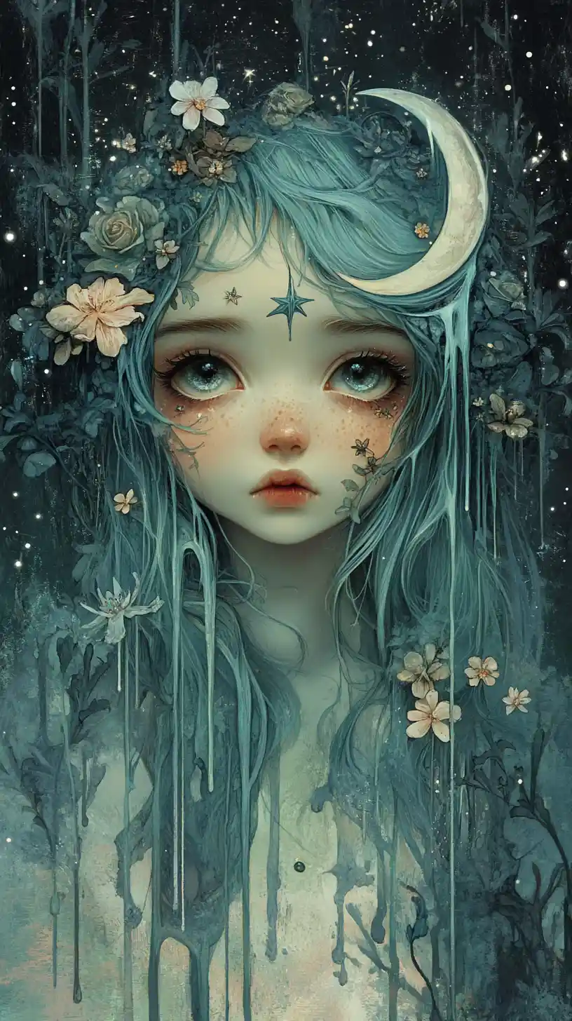 Melancholic blue haired girl amid decaying floral nightscape