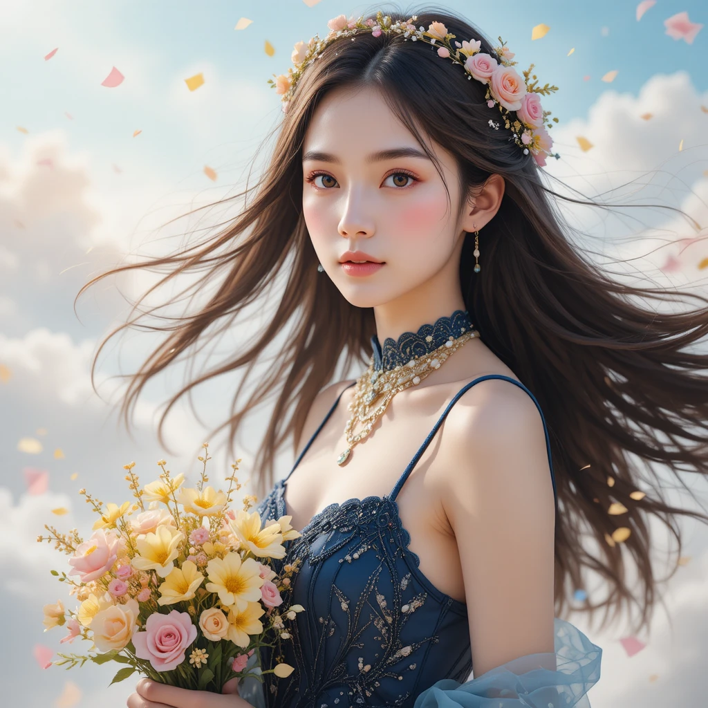 Young Asian woman with flowers in a dreamy sky portrait