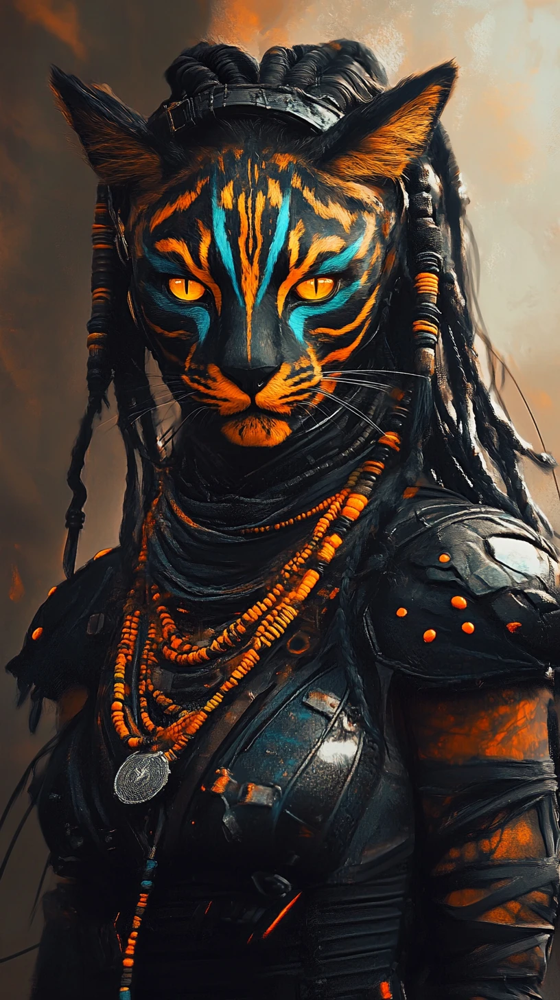 Sci-Fi-Kriegerin mit katzenhaftem Gesicht und leuchtend gelben Augen