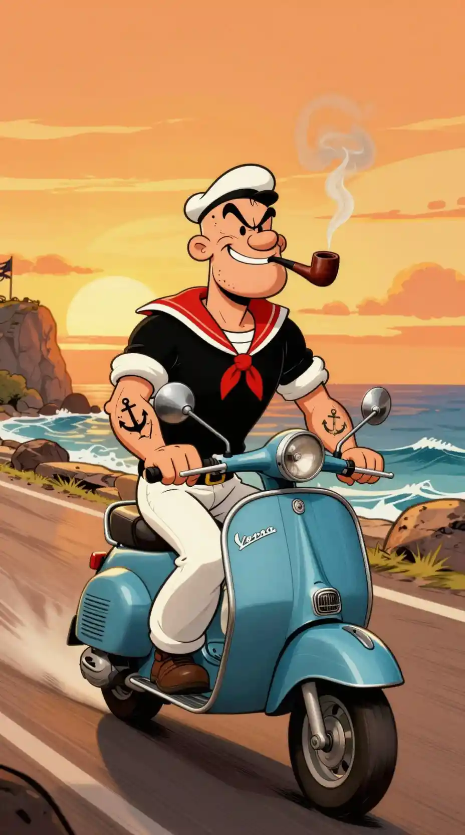 Burly sailor riding a Vespa scooter at coastal sunset