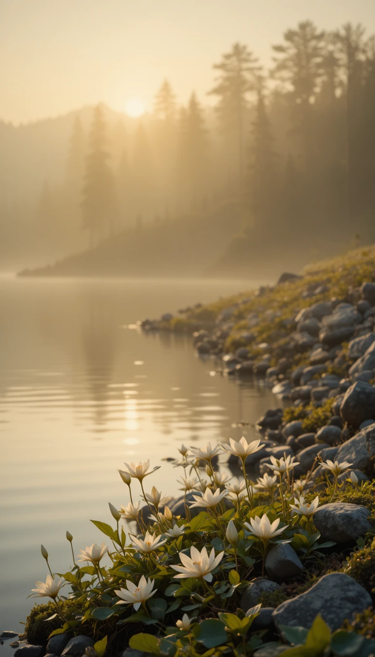 Serenas flores de lótus à beira do lago na luz morna da tarde