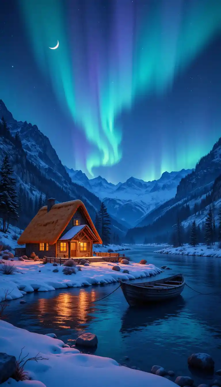Chalet douillet au bord de la rivière sous l’aurore dans des montagnes enneigées
