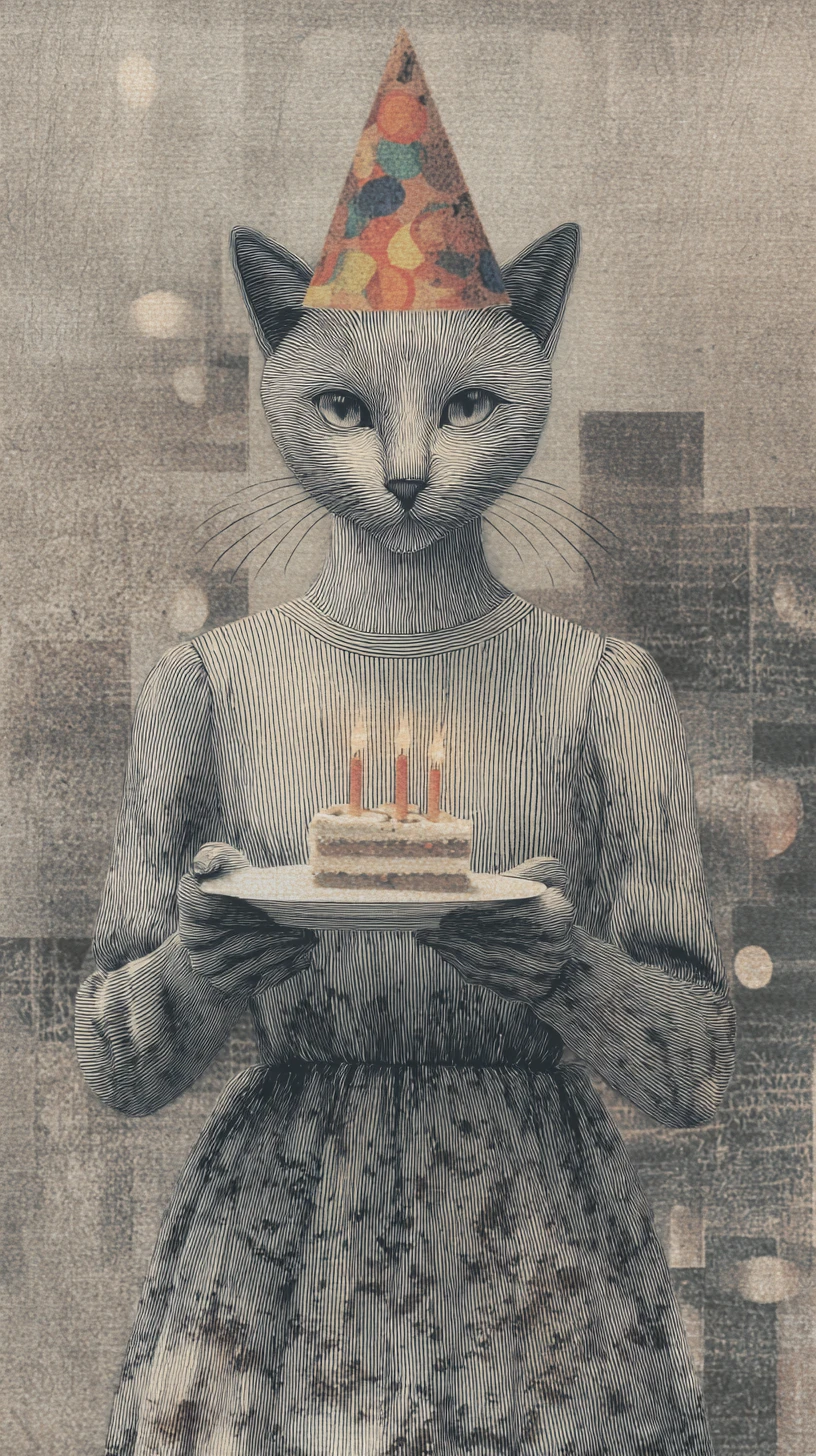 Gato Festivo Alegre com Bolo de Aniversário em Colagem Surreal
