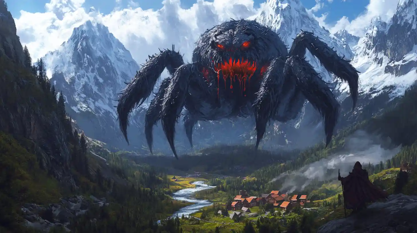 Giant spider god on a mountain throne above village
