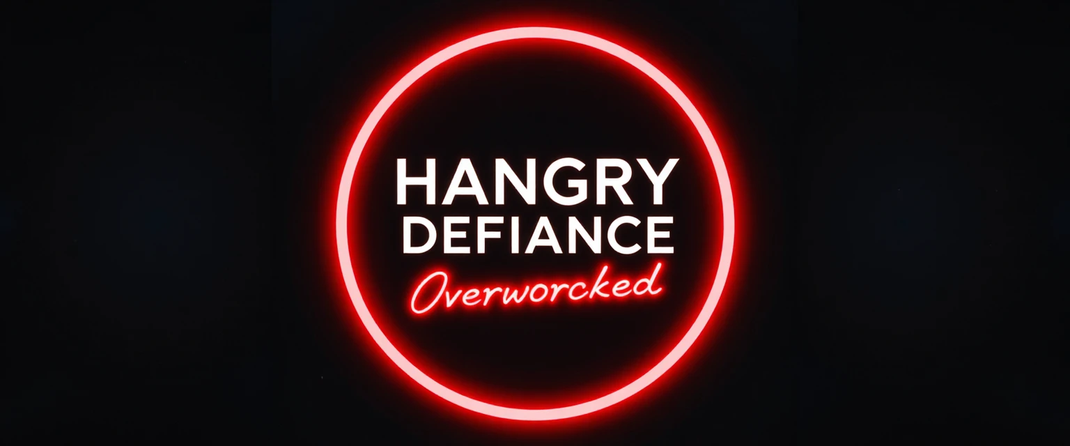 霓虹圓形橫幅搭配粗體 Hangry Defiance 標題