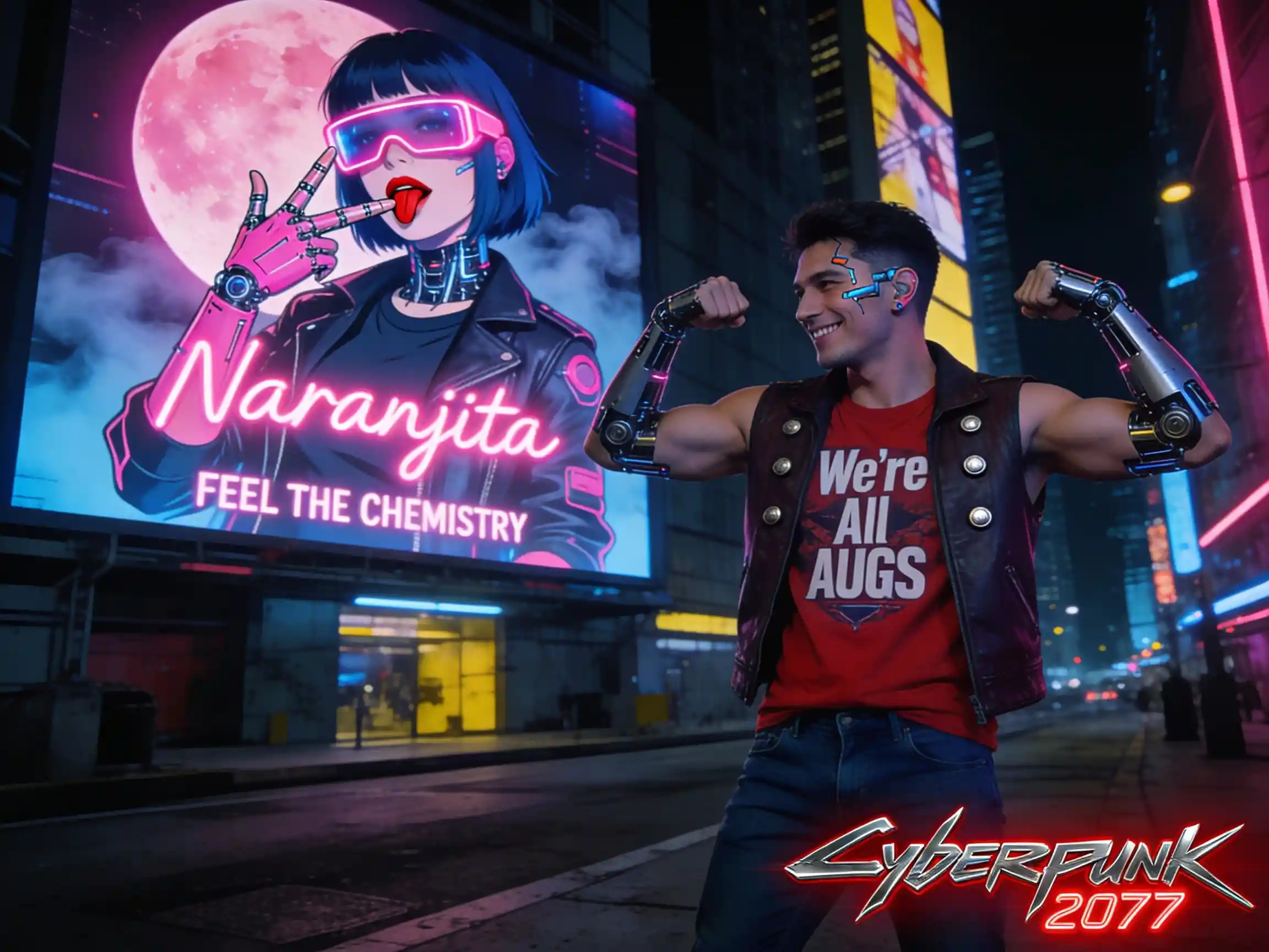 Homem cyberpunk exibindo braços cibernéticos em rua de cidade neon