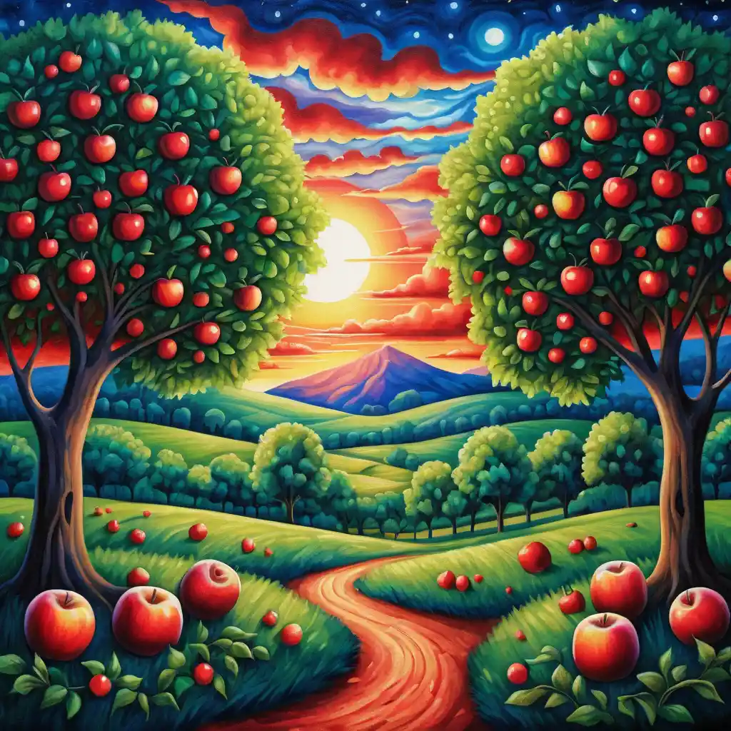 Surreal sunset field with central apple trees in vivid colors