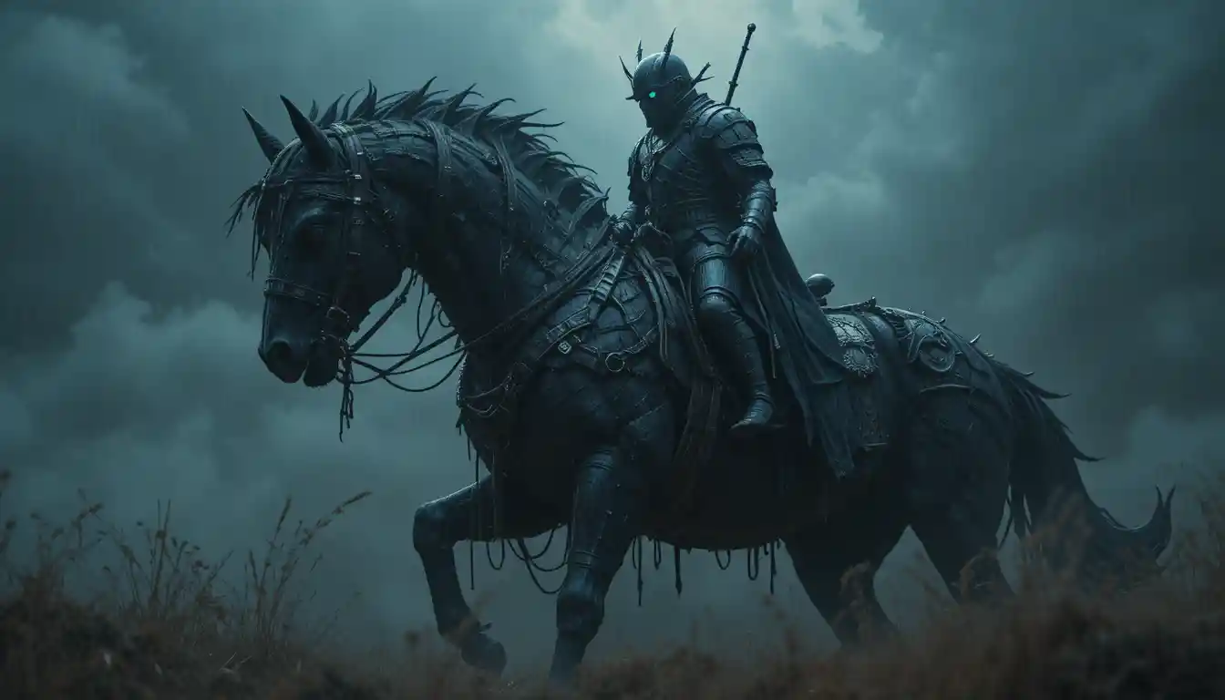 Terrificante cavaliere corazzato su un cavallo mostruoso nelle tenebre