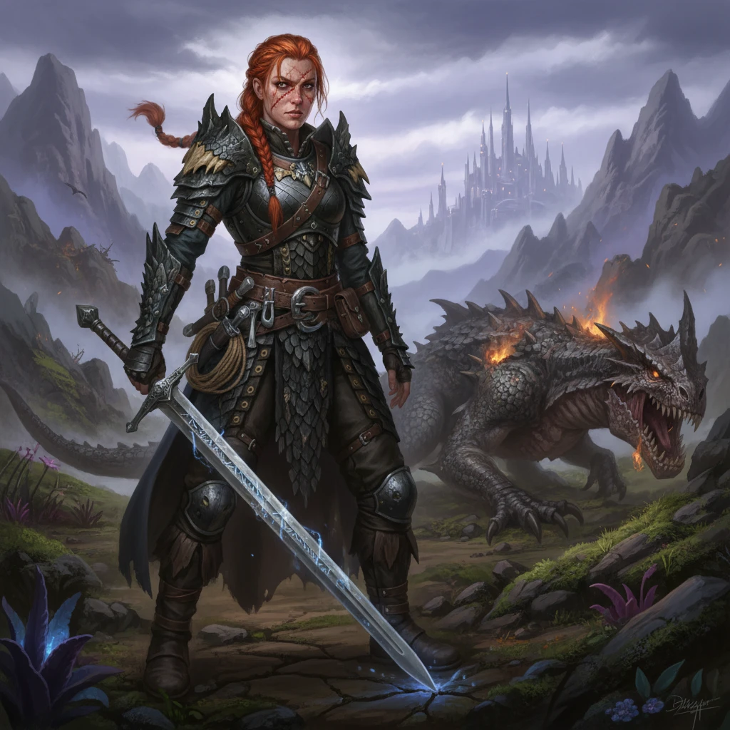 Scarred redhead warrior woman with longsword in leather armor