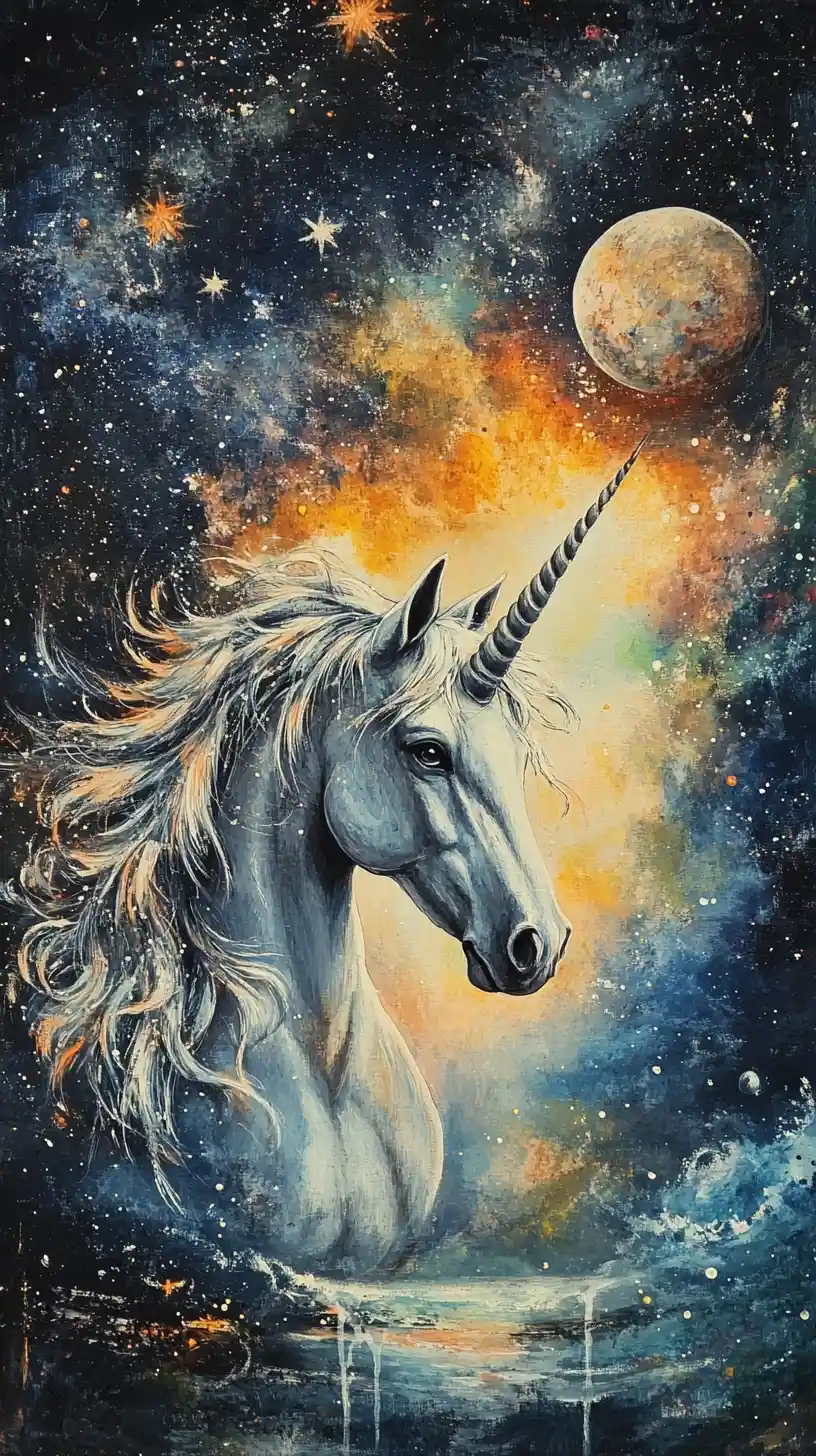Majestic unicorn portrait in a magical cosmic sky