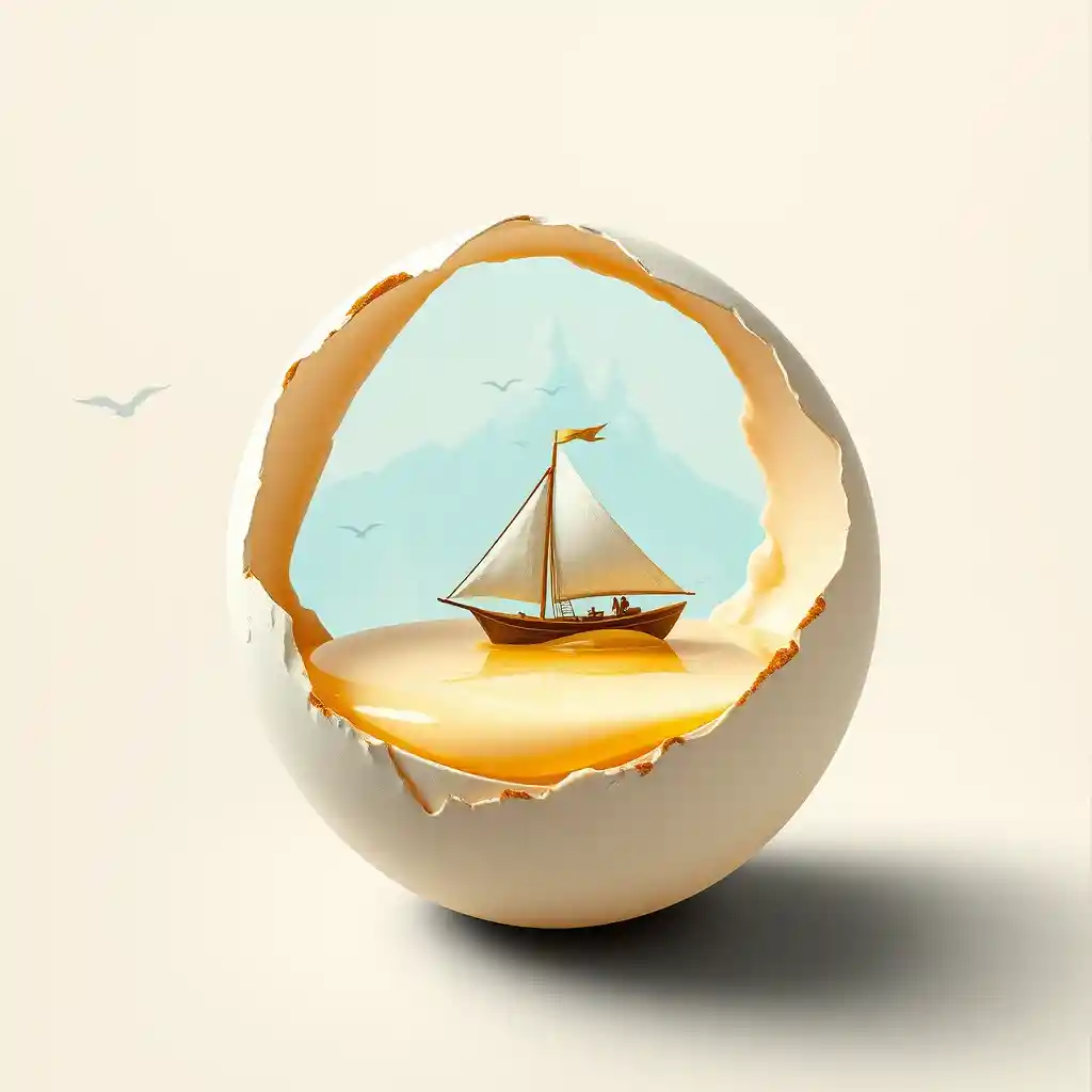 Voilier miniature flottant sur une mer de blanc d’œuf