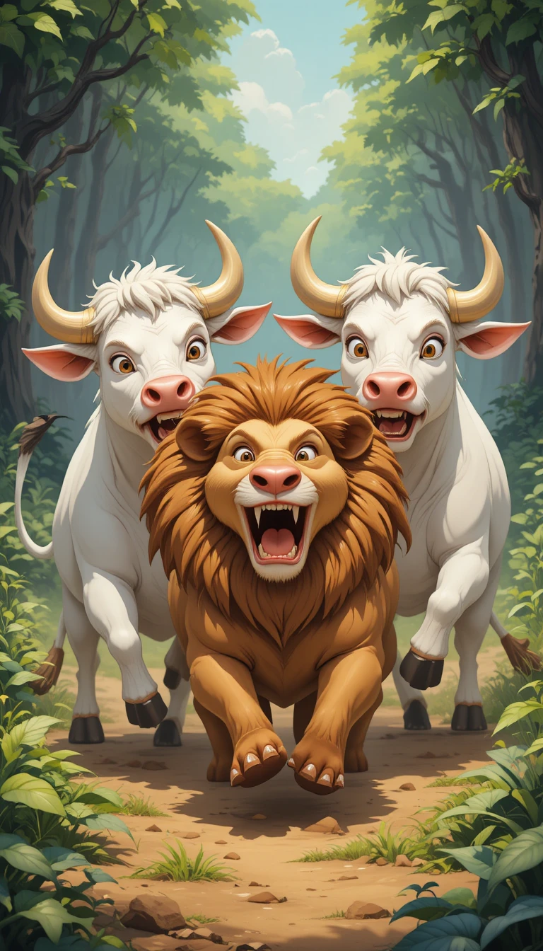 Dois touros brancos perseguem um leão assustado em uma floresta colorida