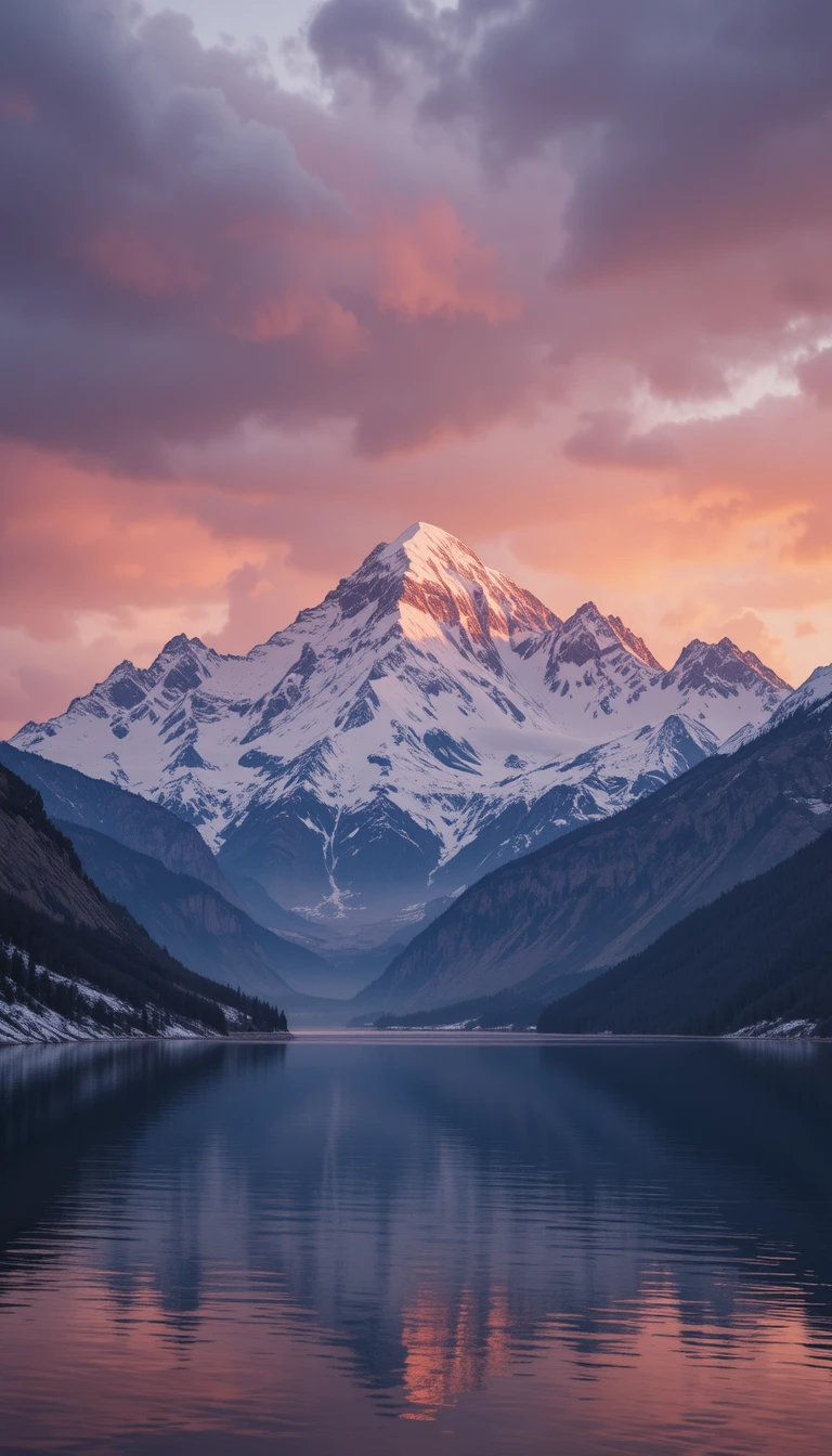 Picos de montanhas nevadas refletidos em um lago calmo ao pôr do sol
