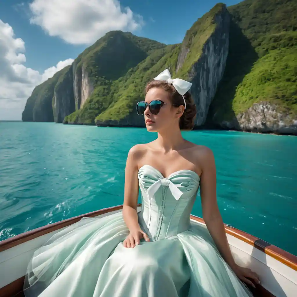 Young woman on speedboat bow in turquoise sea
