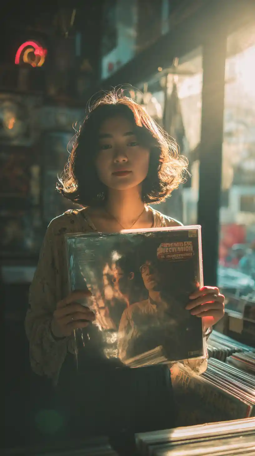 Donna asiatica che tiene un vinile in un negozio di dischi illuminato dal sole