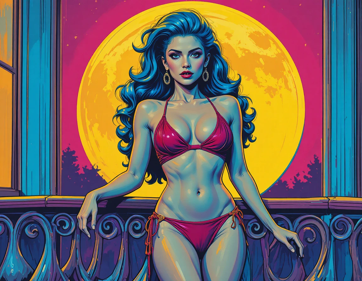 Fierce winged demon woman resting against an elegant balcony