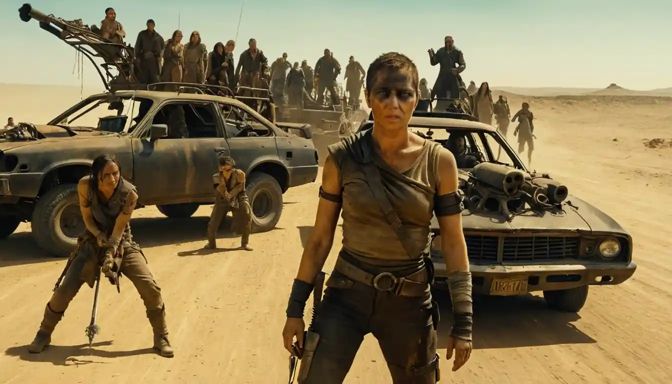 Warrior woman leading allies across a barren wasteland