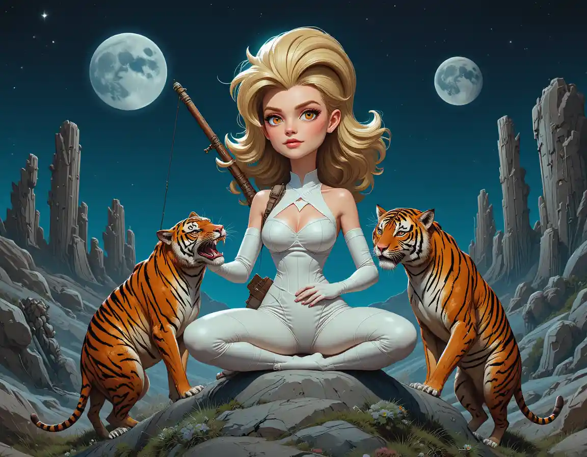 Guerrière de fantasy rousse avec tigres et chouette