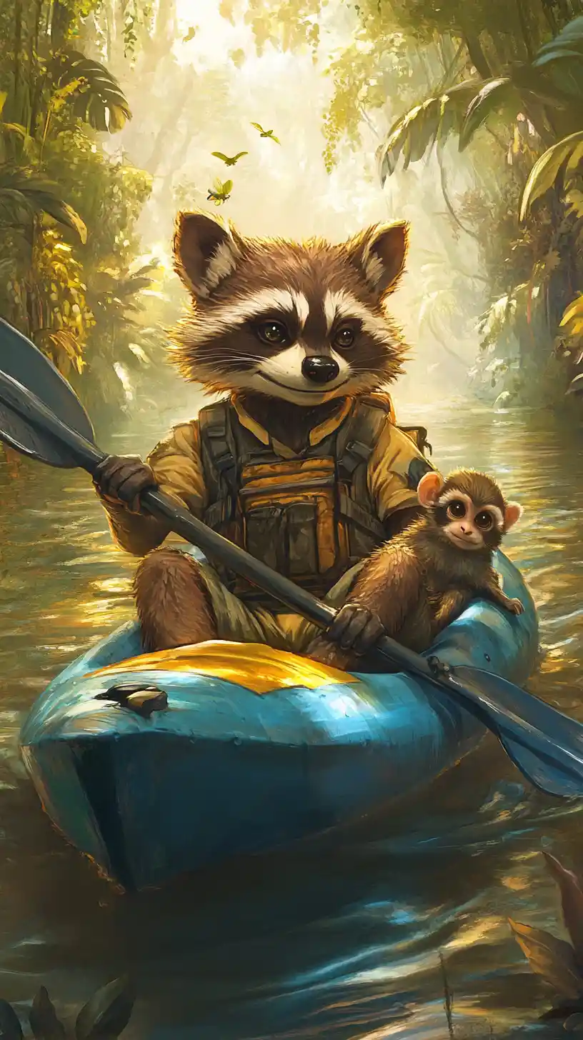 Raton laveur joyeux pagayant en canoë sur une rivière de jungle
