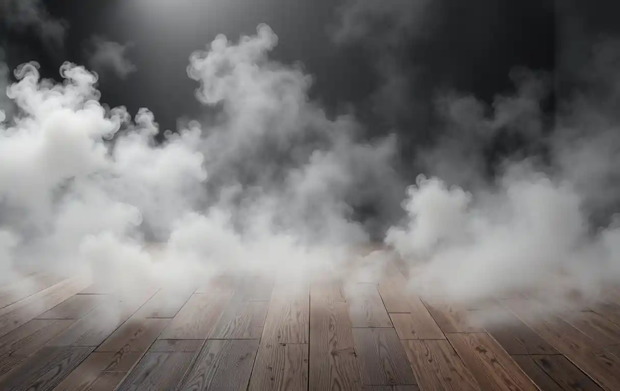 Fumo bianco che si diffonde su un pavimento in legno scuro in un interno