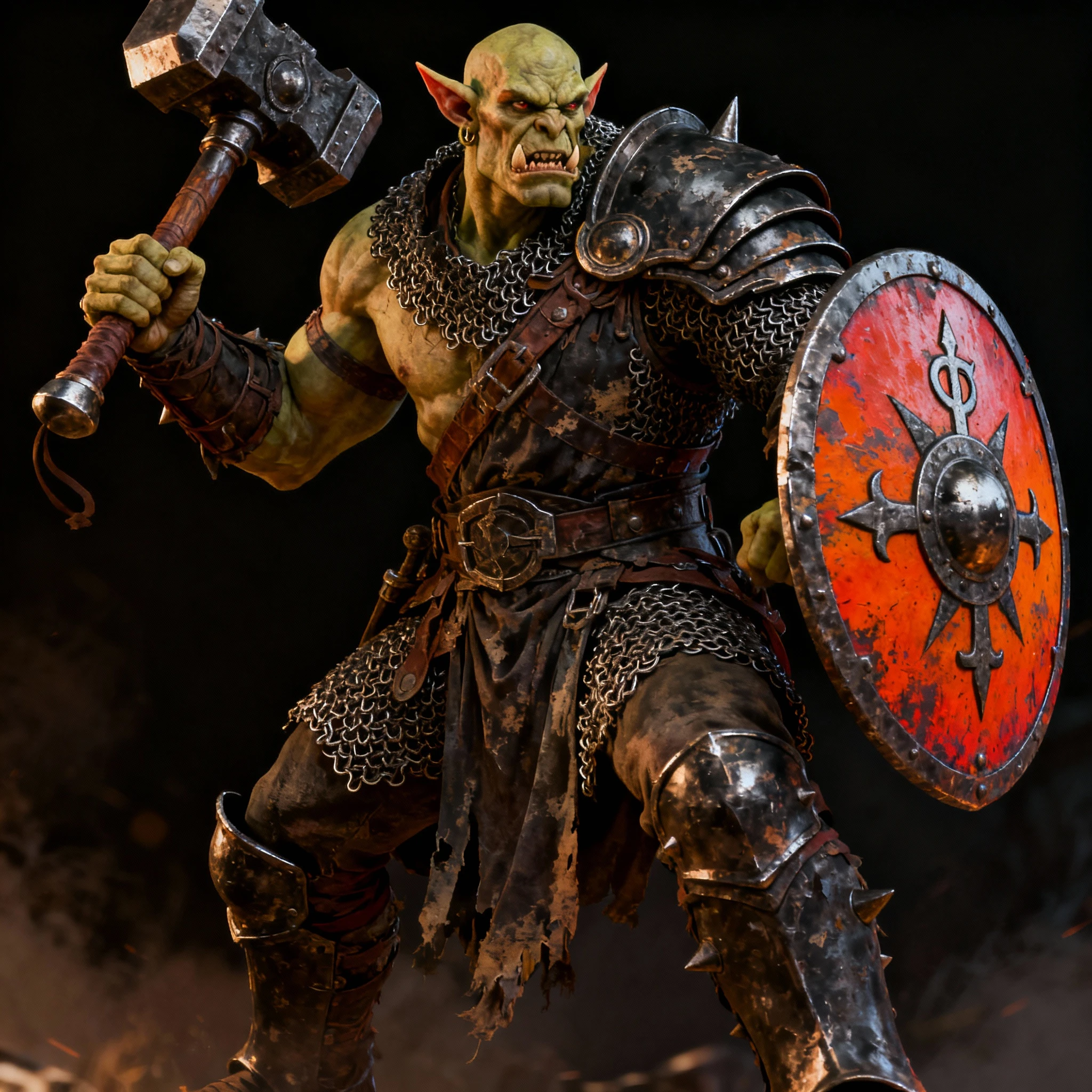 Clerc guerrier demi-orc avec bouclier et marteau de guerre