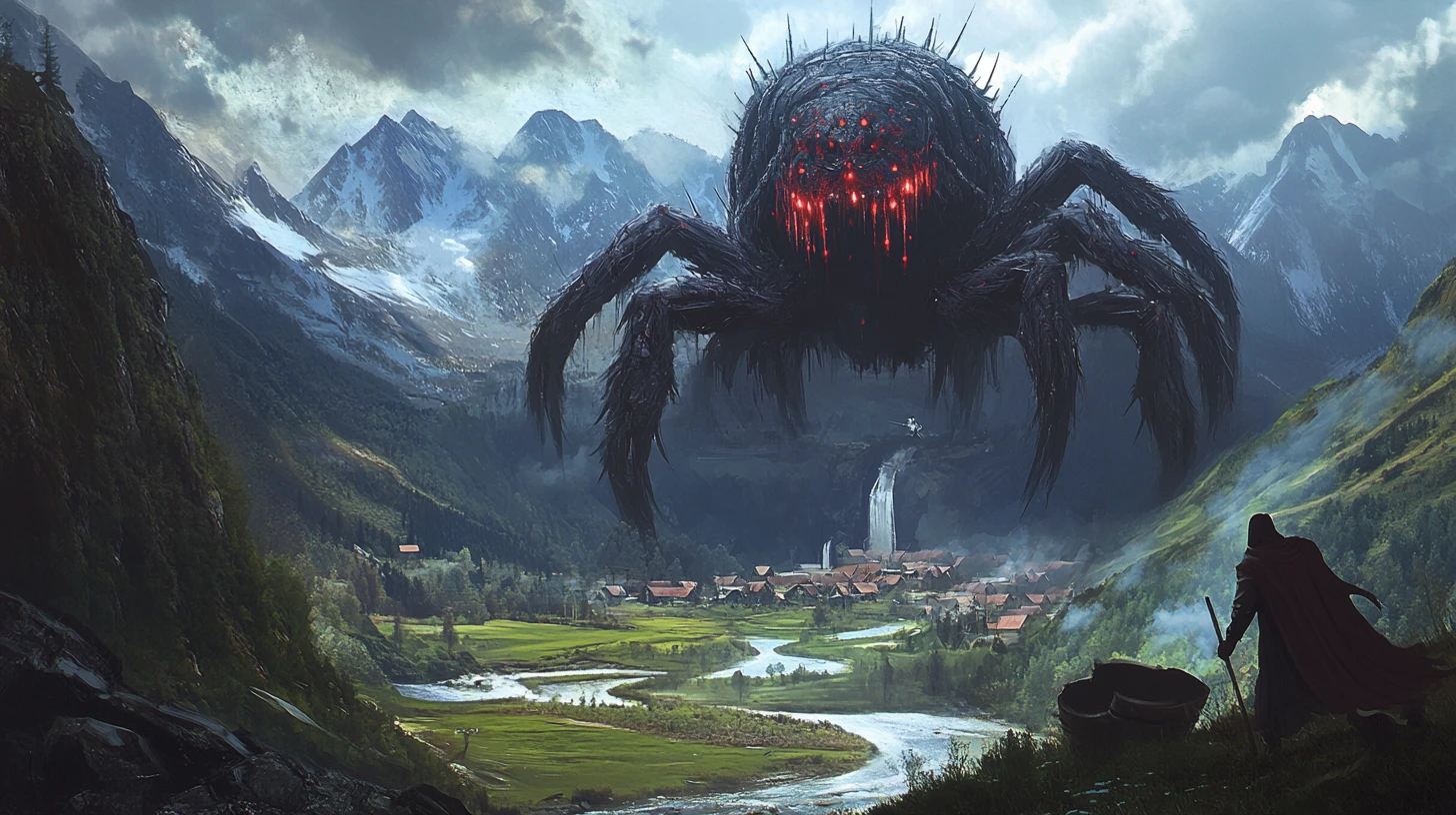 Colossal spider god enthroned on a mountain above village