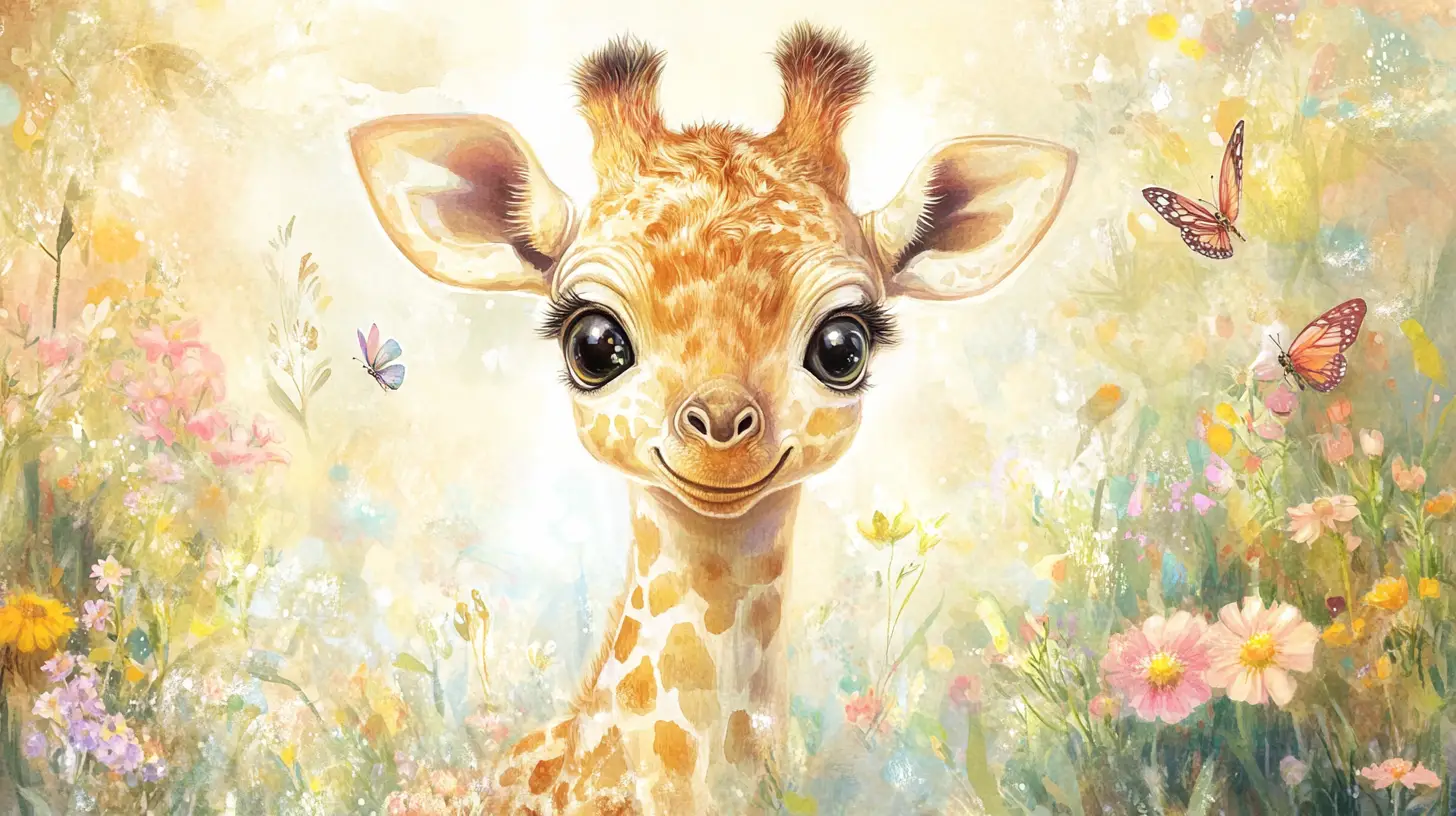 Dolce giraffina cucciola seduta in un prato fiorito e soleggiato