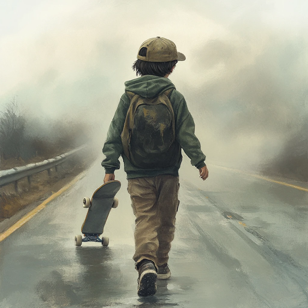 Boy Walking Alone On Foggy Highway With Skateboard