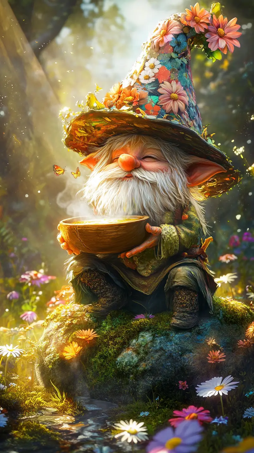 Gartenzwerg, der Suppe in einer magischen Blumenwiese schlürft