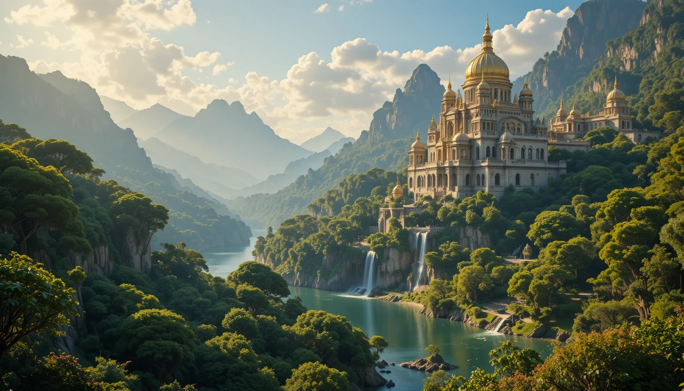Palácio dourado com vista para um rio tranquilo em um paraíso exuberante