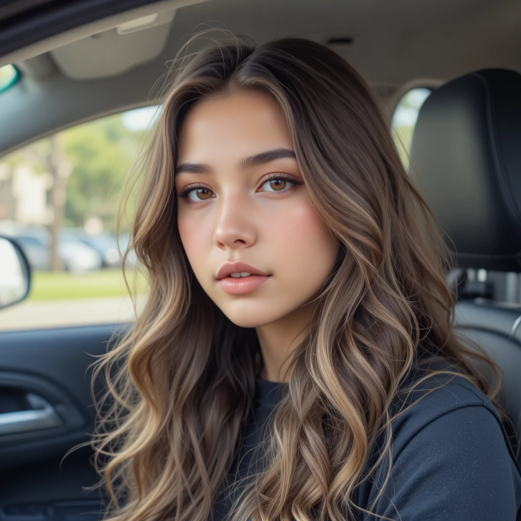 Teen girl with long wavy hair sitting inside a car