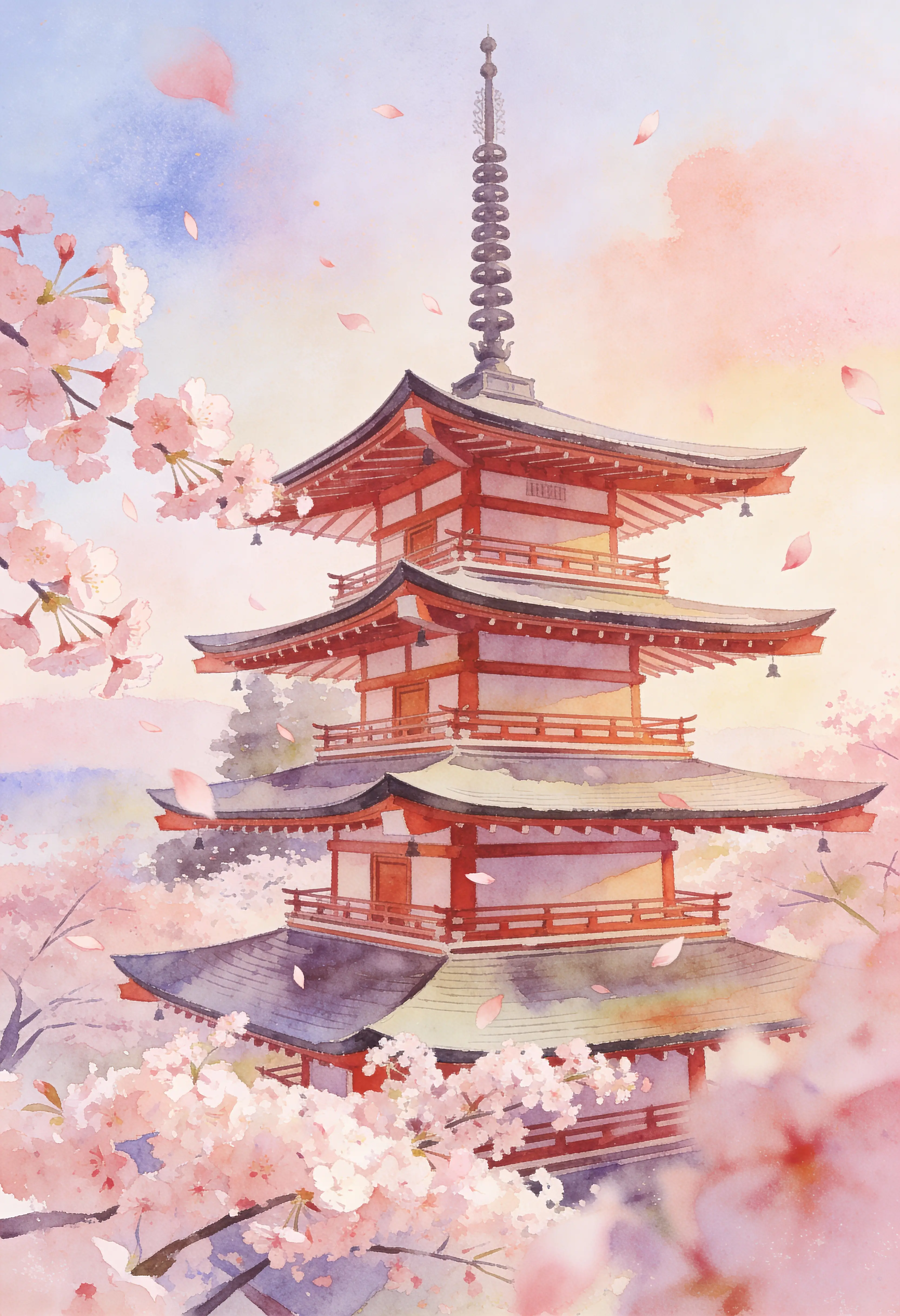Aquarell einer japanischen Pagode, umgeben von zarten Kirschblüten