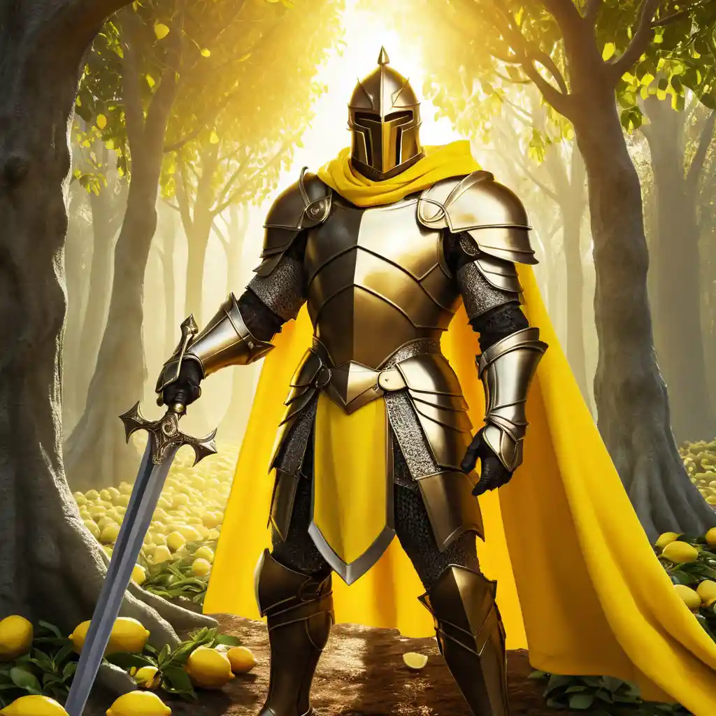 Chevalier citron héroïque avec épée en armure éclatante au coucher du soleil