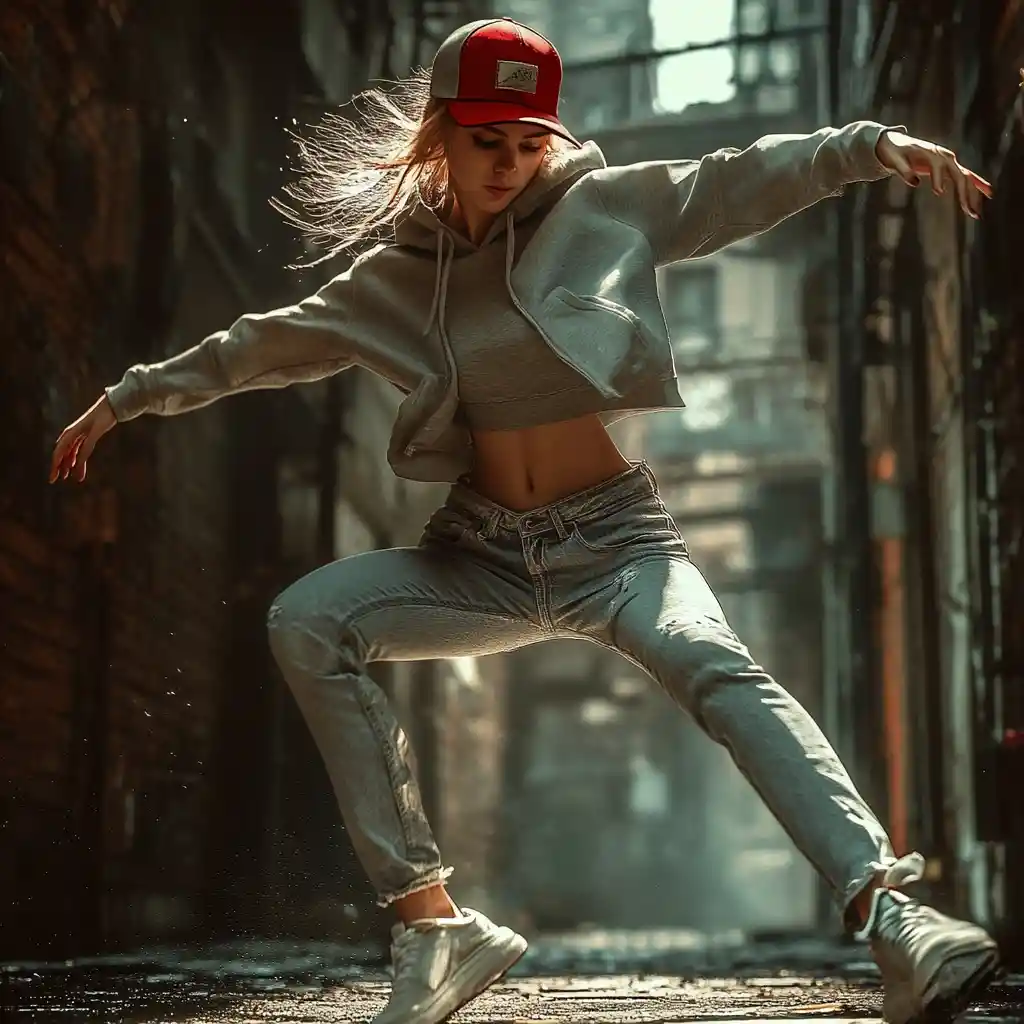 Giovane donna che fa breakdance in un tranquillo vicolo urbano