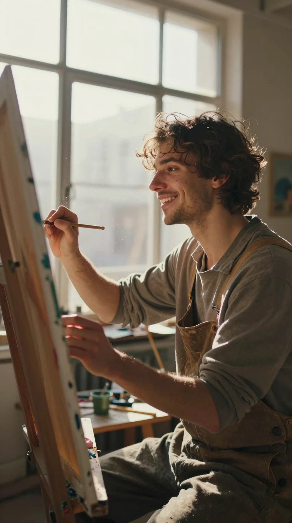 Artista inspirado pintando em uma tela colorida à luz do sol