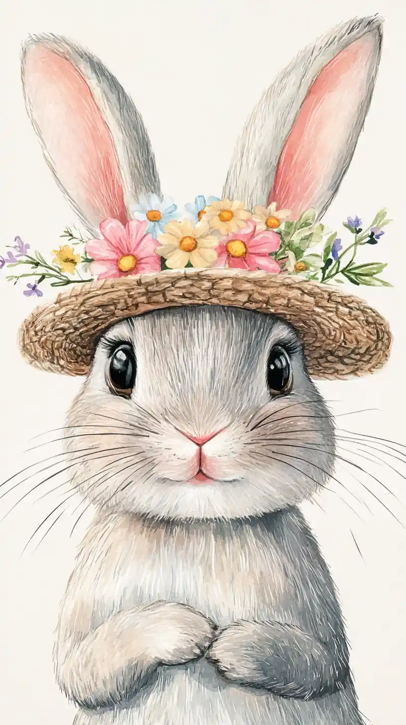 戴著春季花朵帽子的可愛兔子水彩插畫