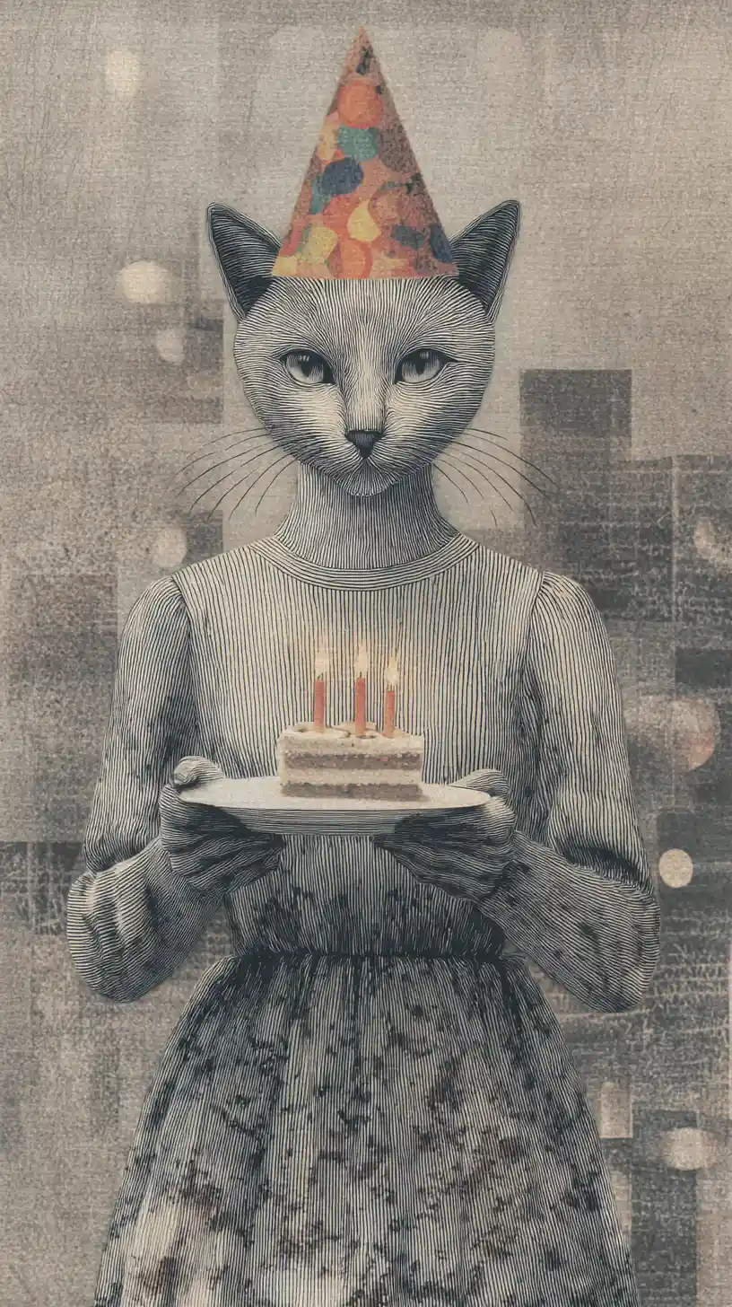 Gato Festivo Alegre com Bolo de Aniversário em Colagem Surreal