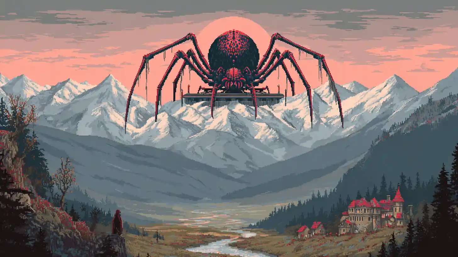 Kolossaler Spinnengott auf einem flachgipfligen Bergthron