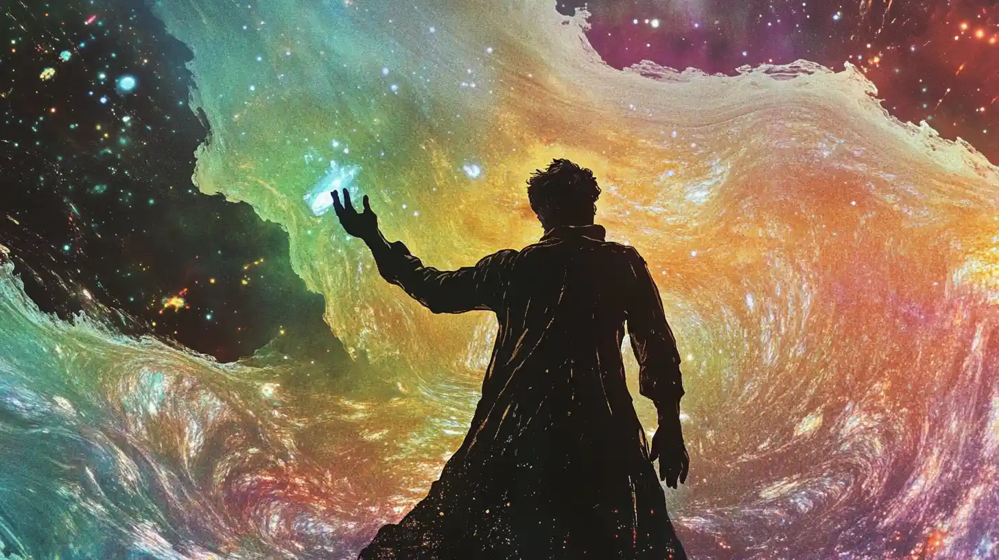 Oscuro stregone che lancia magie tra vortici di polvere cosmica
