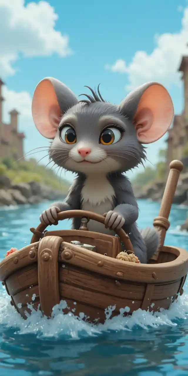 雨の側溝でおもちゃのボートを操縦するアニメ風のネズミ