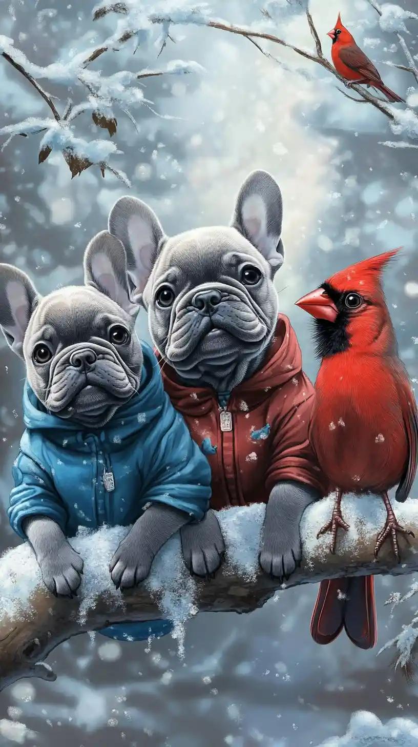 Chiots bouledogues français sur une branche enneigée avec des cardinaux rouges